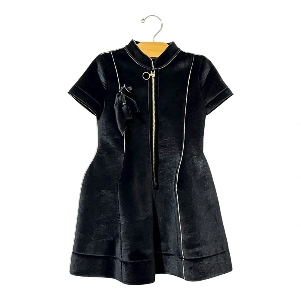 Val Max Girls Black Velvet Dress Size 6 A Line Short Sleeves Holiday Zip Front